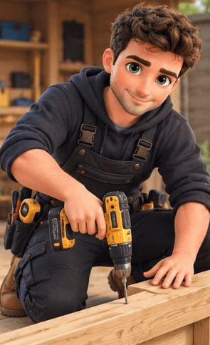 Handyman cartoon drilling into timber